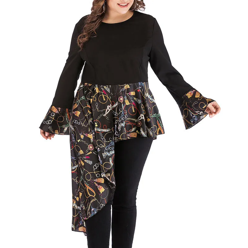 Plus Size Irregular Stitching Trumpet Sleeve Round Neck T-shirt Top