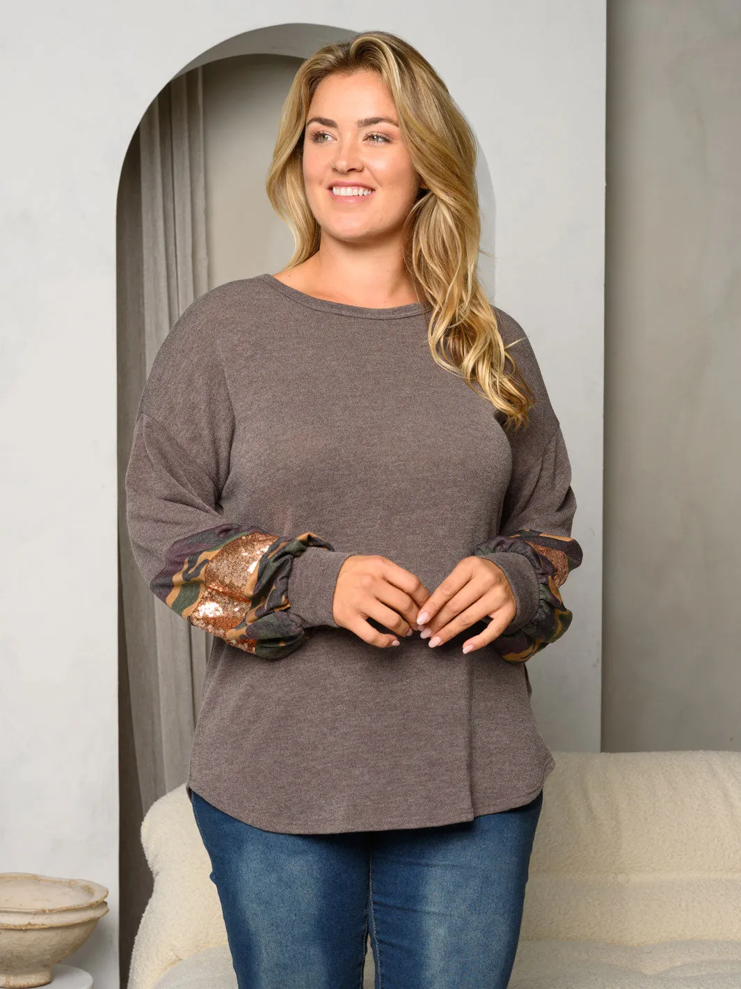 PLUS SIZE LONG PUFF SLEEVE CAMO SEQUINS DETAILED TOP