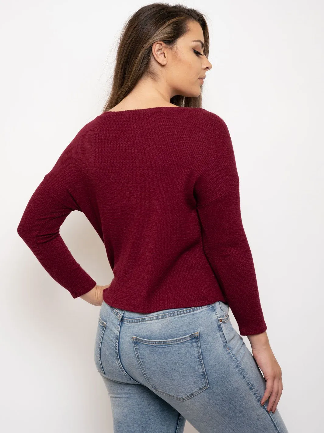 PLUS SIZE LONG SLEEVE WAFFLE KNIT BUTTON DETAILED TOP