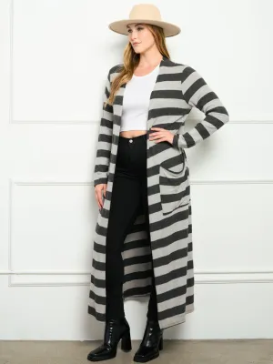 PLUS SIZE STRIPES WITH POCKETS LONG SLEEVE CARDIGAN