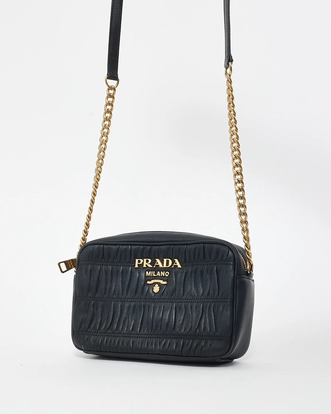 Prada Black Leather Gauffre Logo Camera Bag