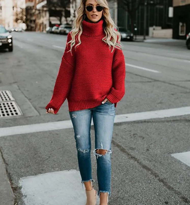 Red Long Sleeve Winter Pullover for Women - Going Out Designer Sweater Tops for Ladies