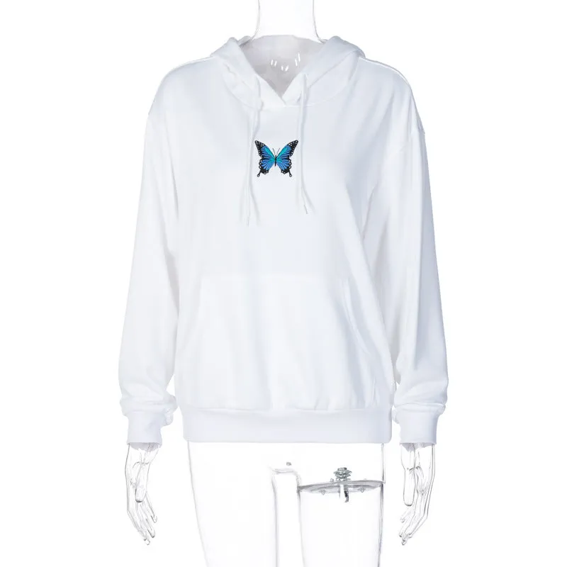 Round Neck Butterfly Embroidery Shirts Blouses Hoodies Sweatshirts