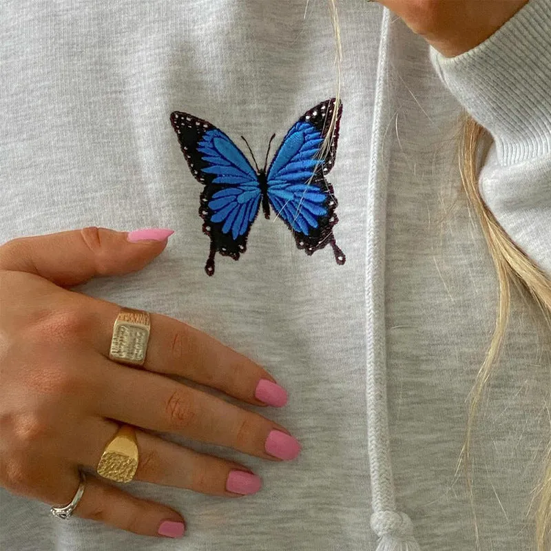 Round Neck Butterfly Embroidery Shirts Blouses Hoodies Sweatshirts