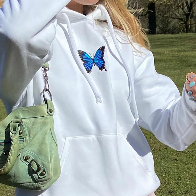 Round Neck Butterfly Embroidery Shirts Blouses Hoodies Sweatshirts