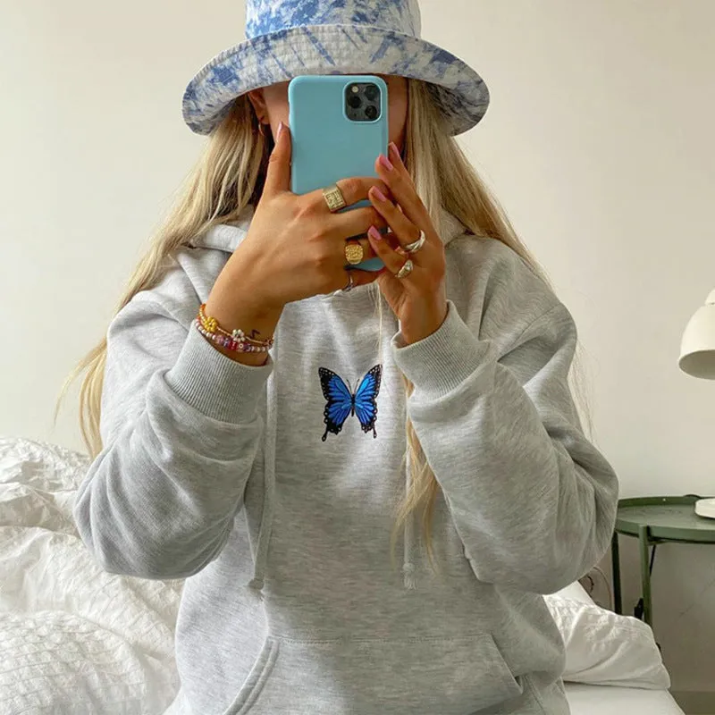 Round Neck Butterfly Embroidery Shirts Blouses Hoodies Sweatshirts