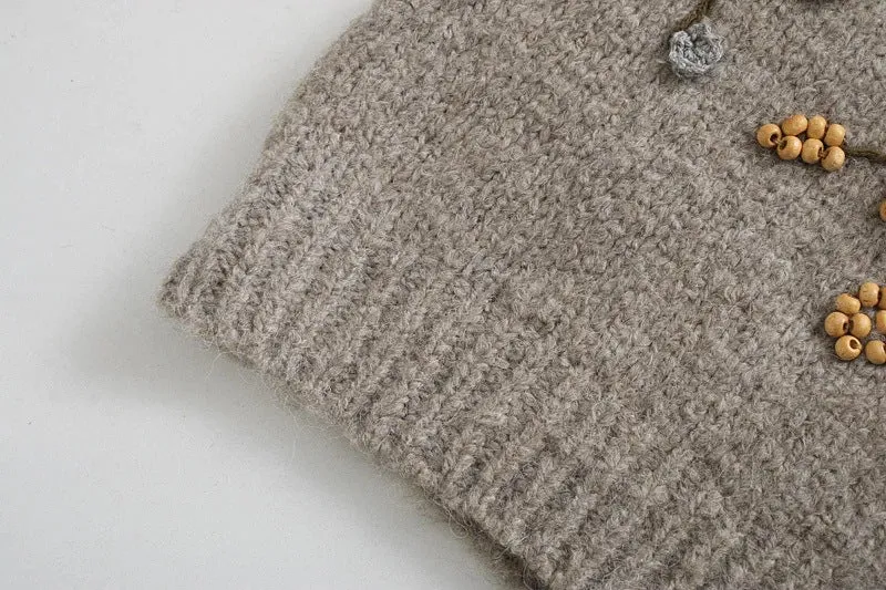 Round Neck Knit Beaded Floral Sweaters