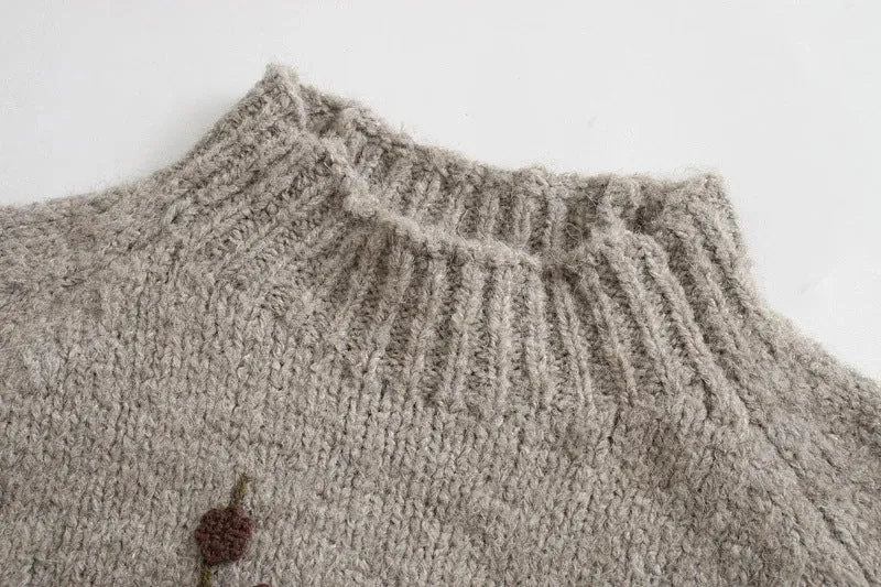 Round Neck Knit Beaded Floral Sweaters