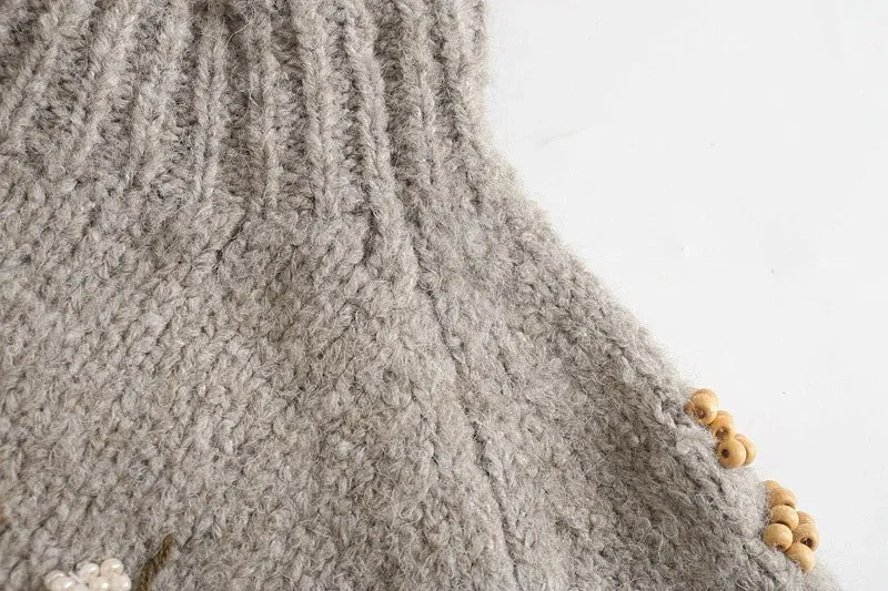 Round Neck Knit Beaded Floral Sweaters