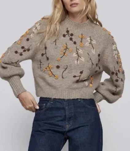 Round Neck Knit Beaded Floral Sweaters