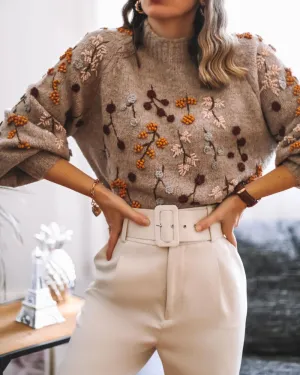Round Neck Knit Beaded Floral Sweaters