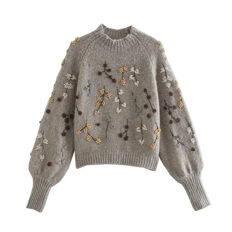 Round Neck Knit Beaded Floral Sweaters