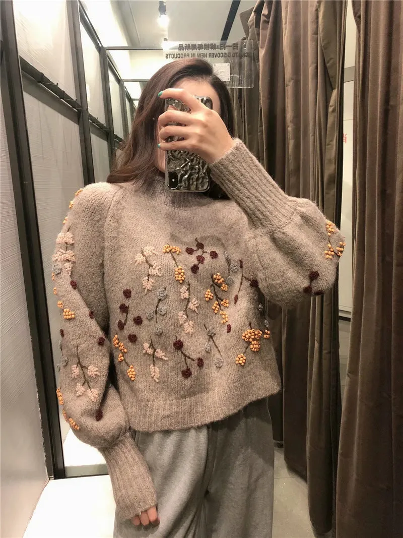 Round Neck Knit Beaded Floral Sweaters