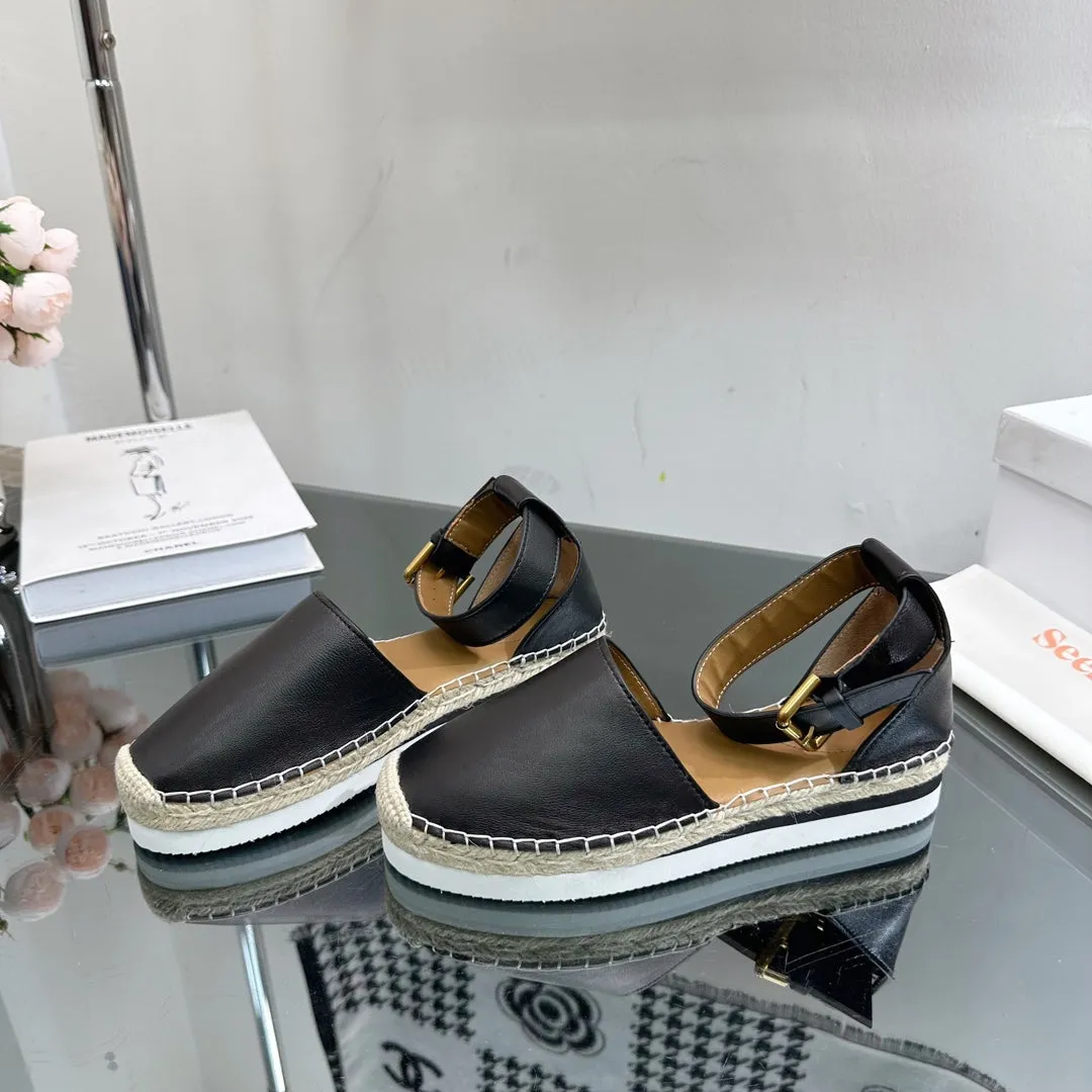SEE BY CHLOÉ ESPADRILLES SANDAL IN BLACK CALFSKIN AND WOVEN RAFFIA