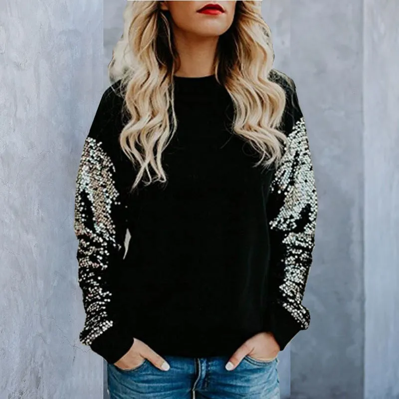 Sequins Round Neck Long Sleeve Loose Waist Blouses