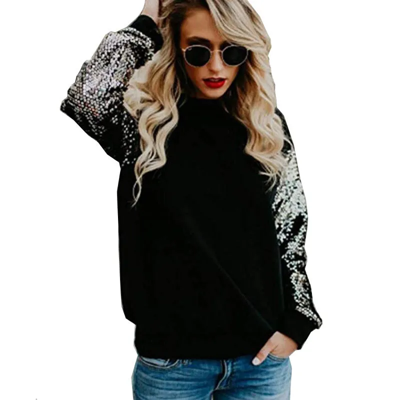 Sequins Round Neck Long Sleeve Loose Waist Blouses