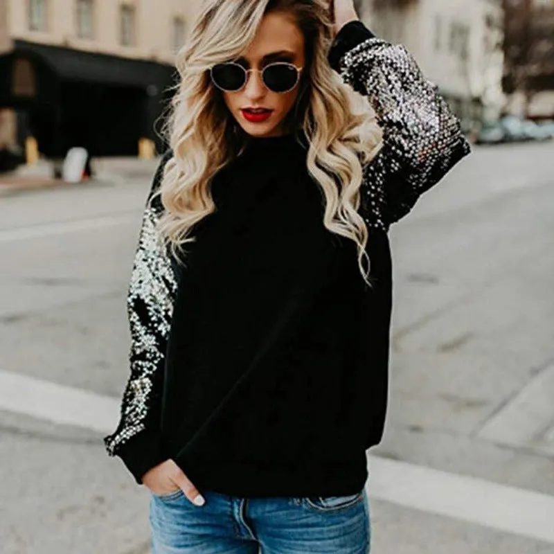 Sequins Round Neck Long Sleeve Loose Waist Blouses
