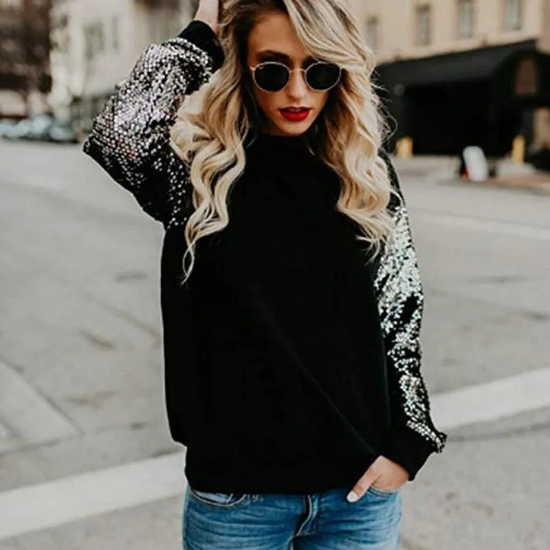 Sequins Round Neck Long Sleeve Loose Waist Blouses