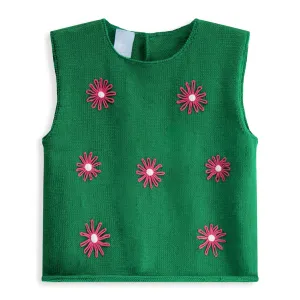 Sleeveless Applique Pullover -- Green w/ Pink Daisies