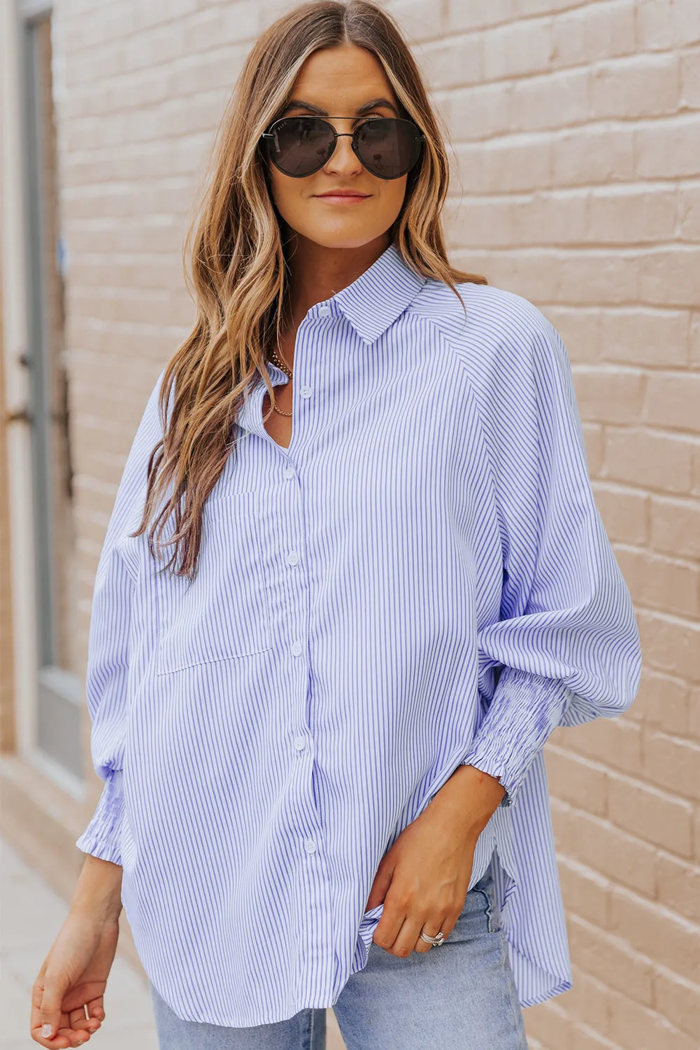 Smocked Cuffed Striped Boyfriend Shirt