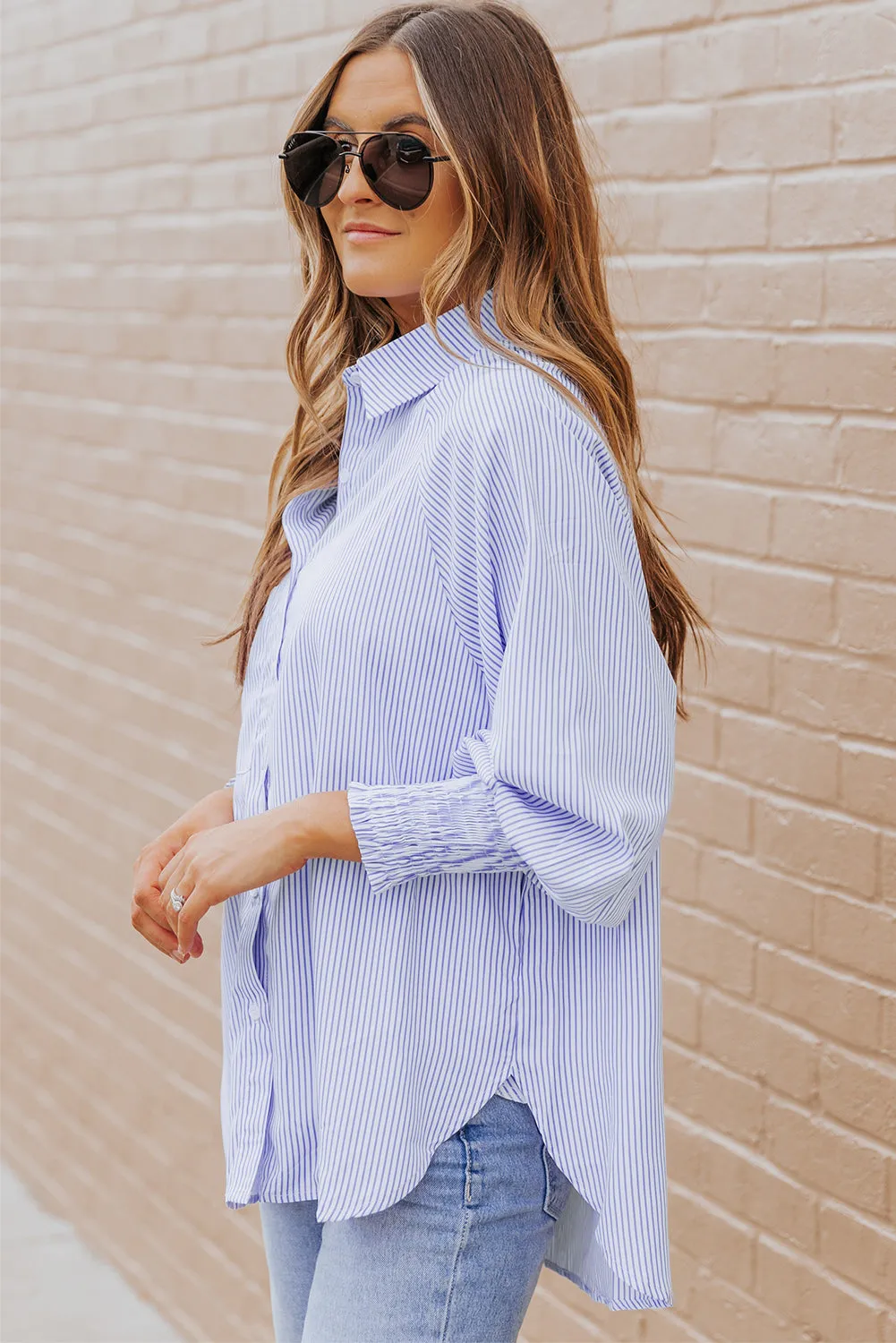 Smocked Cuffed Striped Boyfriend Shirt