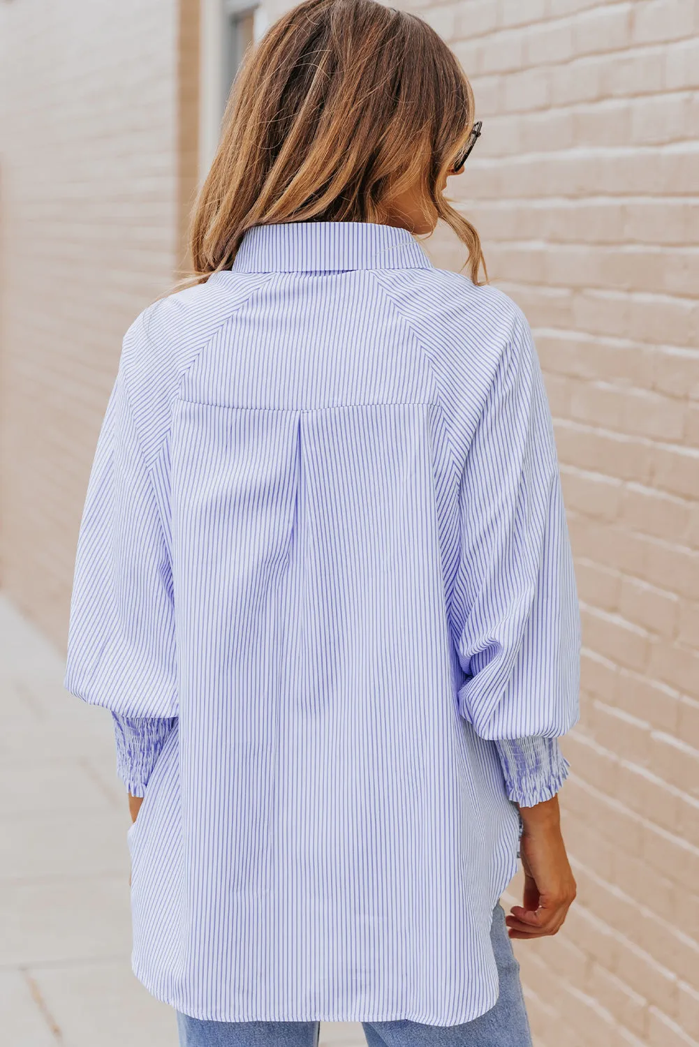 Smocked Cuffed Striped Boyfriend Shirt