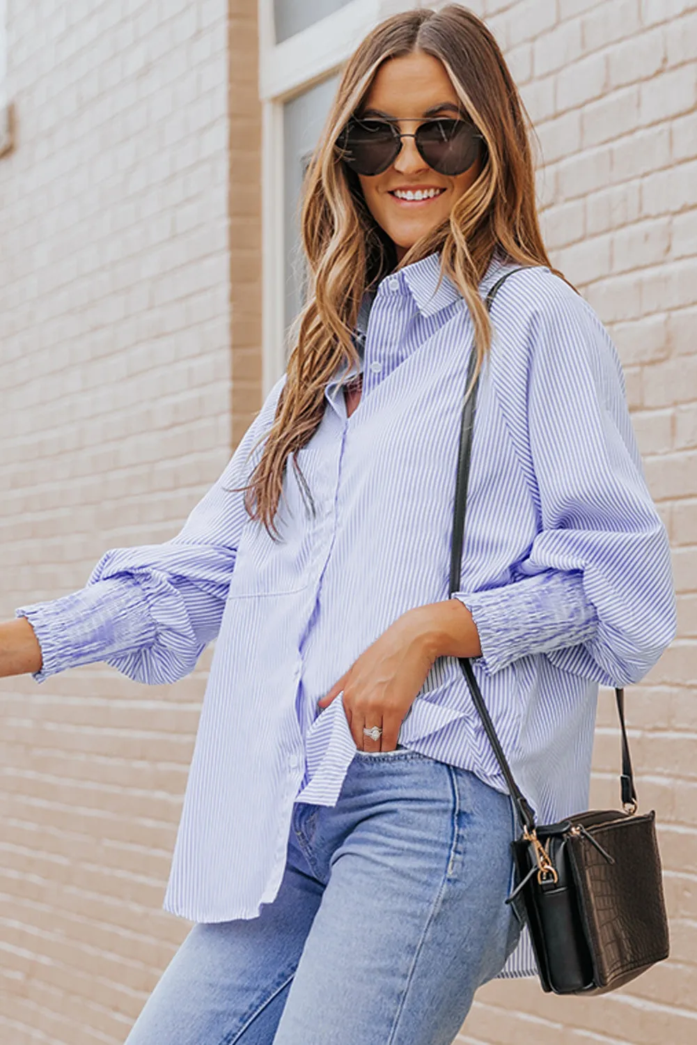 Smocked Cuffed Striped Boyfriend Shirt