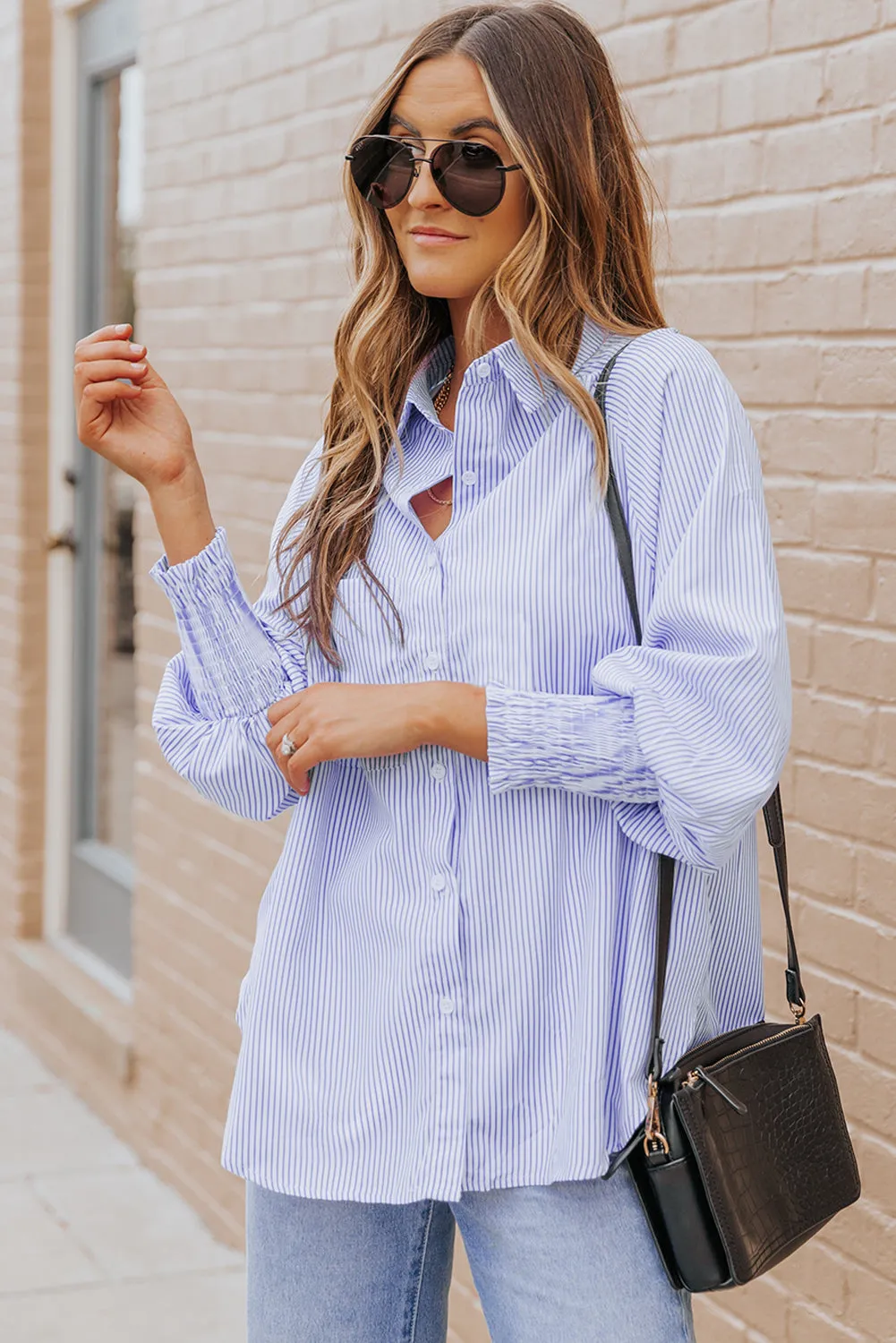 Smocked Cuffed Striped Boyfriend Shirt