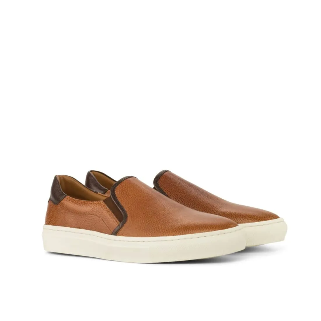 Sneakers Slip On en cuir grainé marron clair - Semelles Blanches