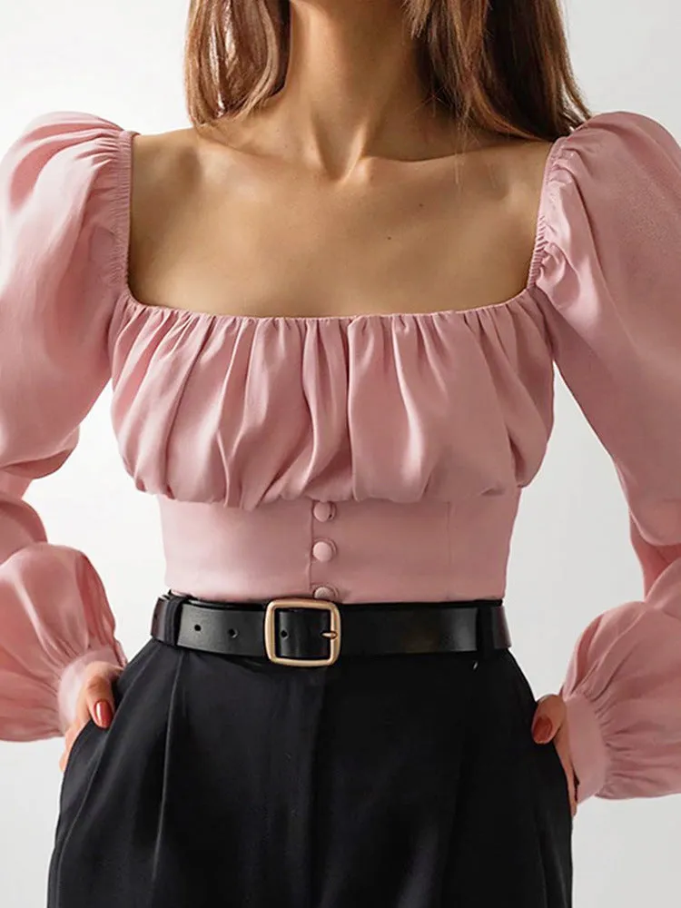 Square Collar Puff Sleeve Shirred Frill Shirts Crop Tops