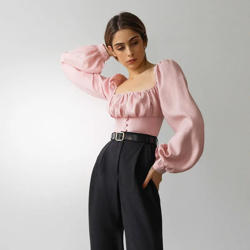 Square Collar Puff Sleeve Shirred Frill Shirts Crop Tops