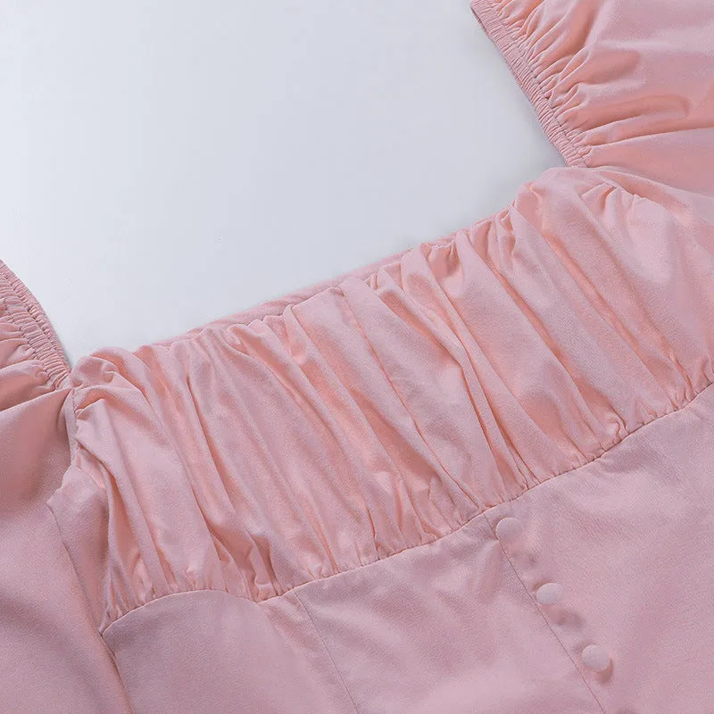 Square Collar Puff Sleeve Shirred Frill Shirts Crop Tops