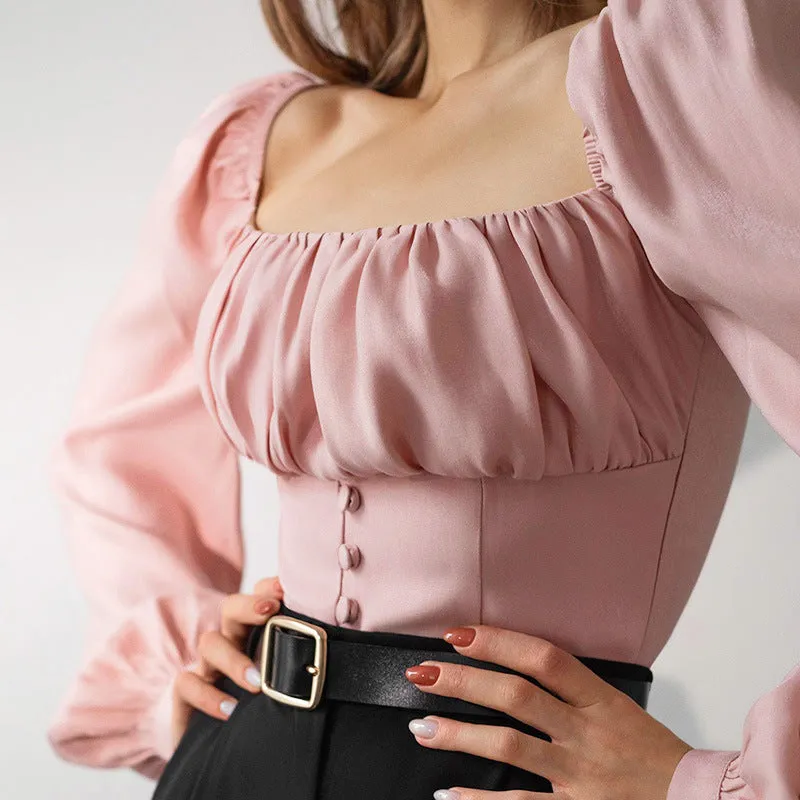 Square Collar Puff Sleeve Shirred Frill Shirts Crop Tops