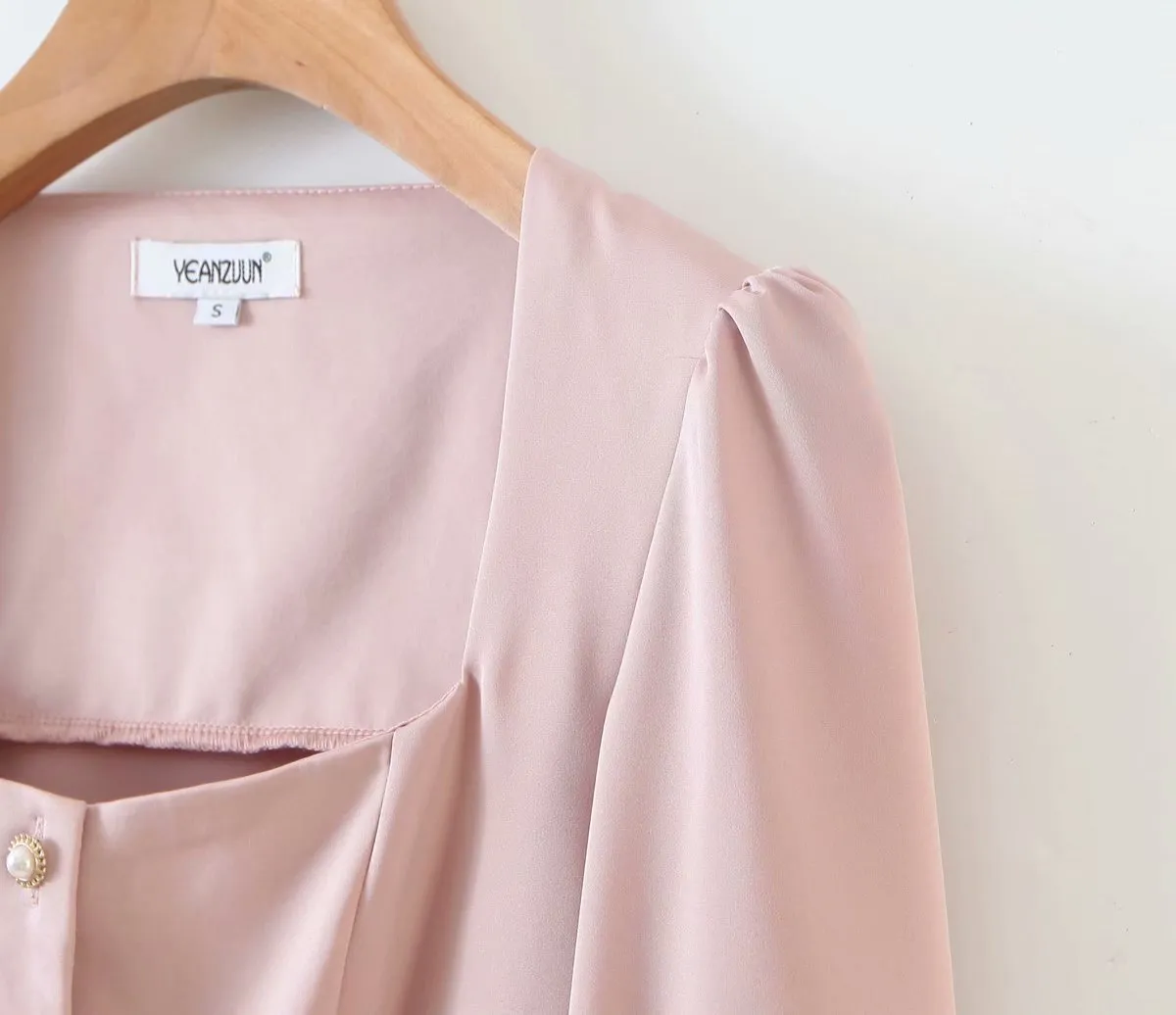 Square Collar Single-breasted Lantern Sleeve Shirts Blouses