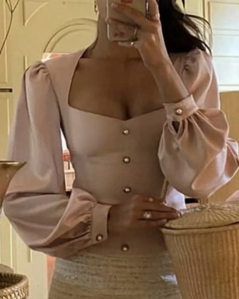Square Collar Single-breasted Lantern Sleeve Shirts Blouses