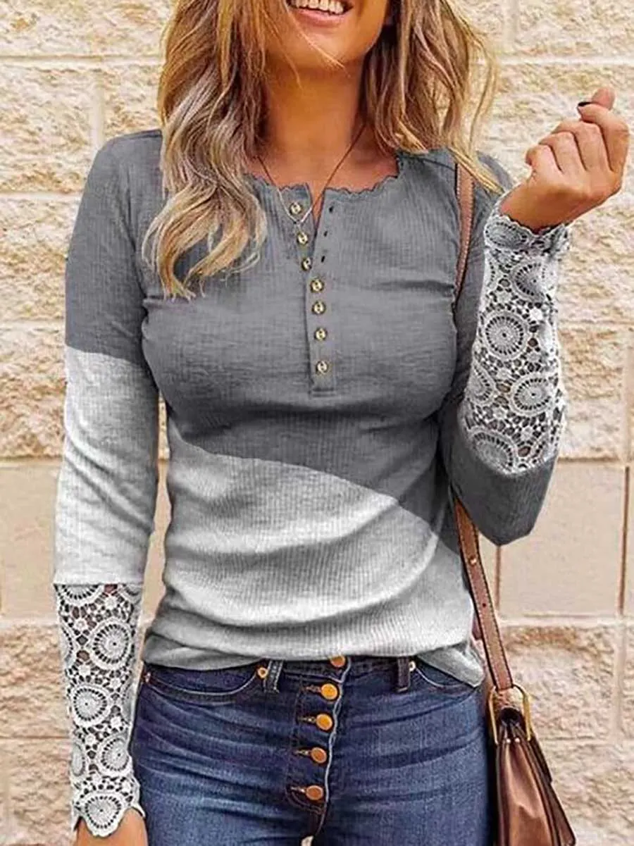Stunncal Round Neck Stitching Lace Long Sleeve T-Shirt(14 colors)