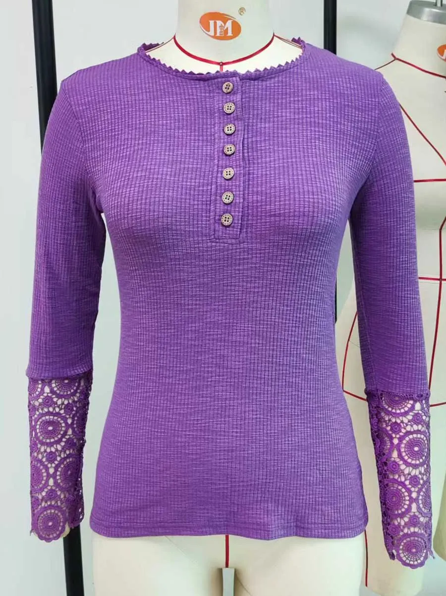 Stunncal Round Neck Stitching Lace Long Sleeve T-Shirt(14 colors)