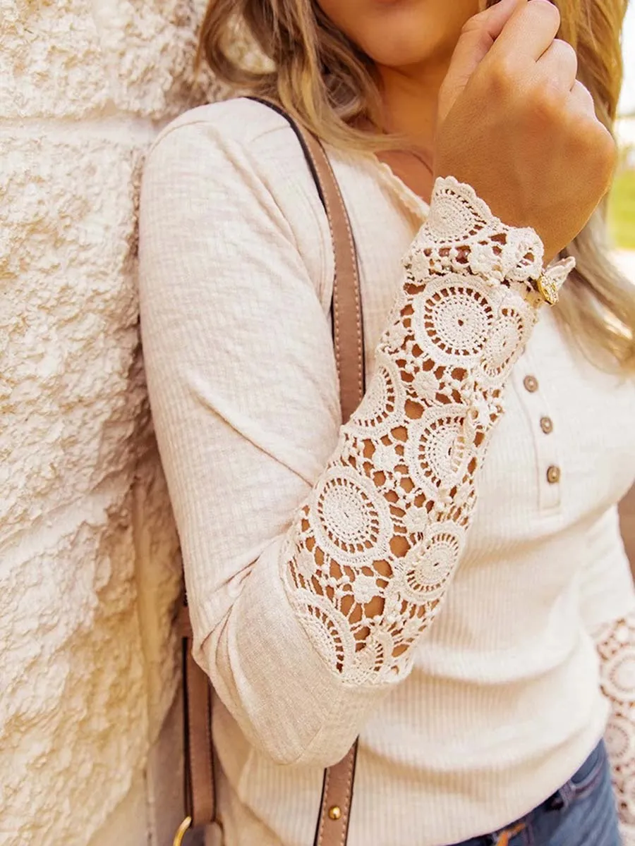 Stunncal Round Neck Stitching Lace Long Sleeve T-Shirt(14 colors)