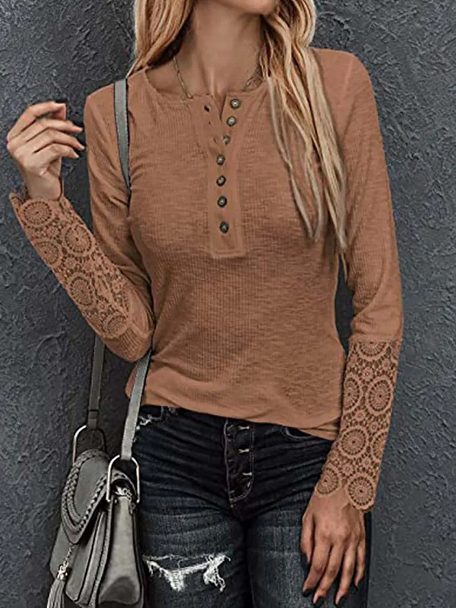 Stunncal Round Neck Stitching Lace Long Sleeve T-Shirt(14 colors)