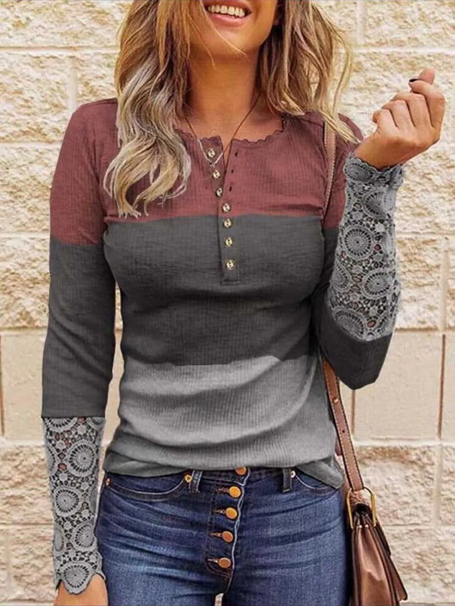 Stunncal Round Neck Stitching Lace Long Sleeve T-Shirt(14 colors)