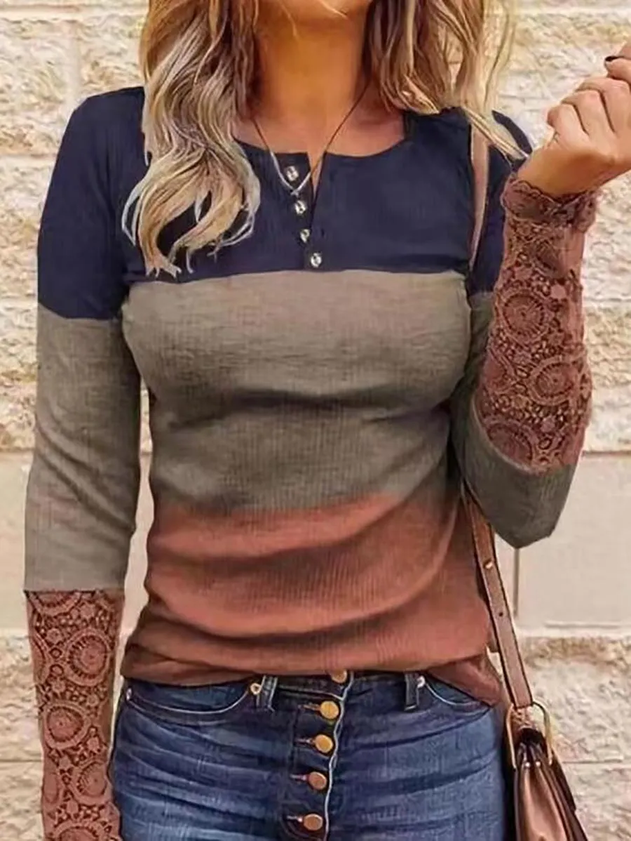 Stunncal Round Neck Stitching Lace Long Sleeve T-Shirt(14 colors)
