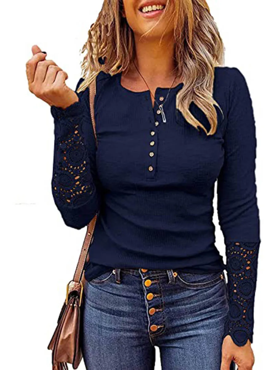 Stunncal Round Neck Stitching Lace Long Sleeve T-Shirt(14 colors)