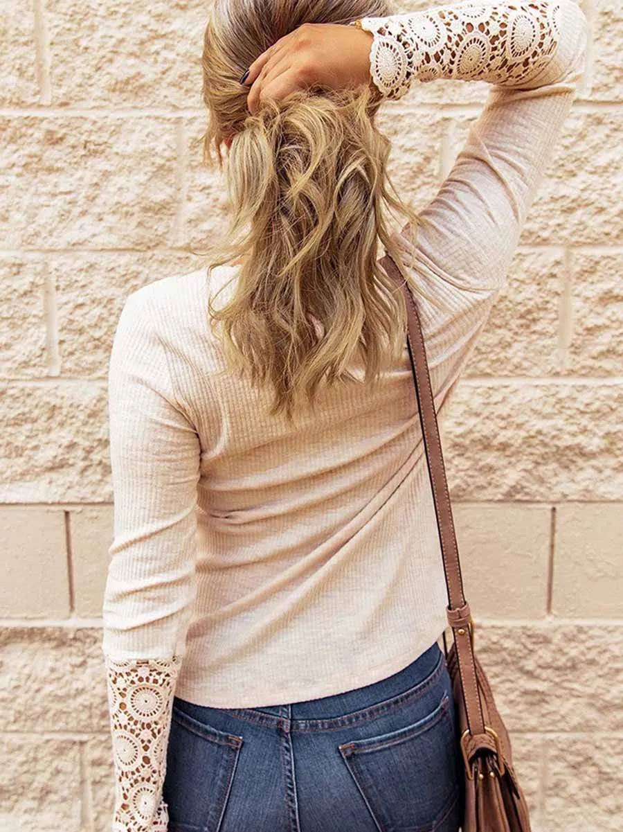 Stunncal Round Neck Stitching Lace Long Sleeve T-Shirt(14 colors)