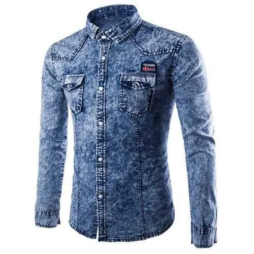 Stylish Shirt Collar Slimming Double Pockets Badge Design Long Sleeve Denim Shirt For Men - Light Blue L