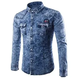 Stylish Shirt Collar Slimming Double Pockets Badge Design Long Sleeve Denim Shirt For Men - Light Blue L