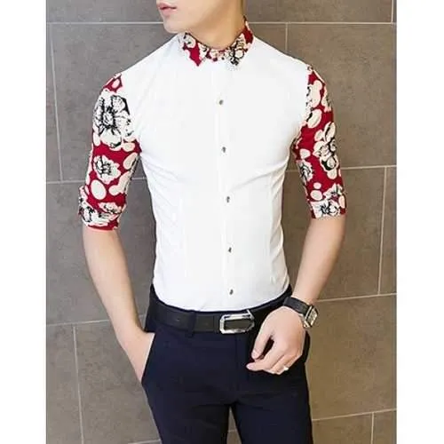 Stylish Shirt Collar Slimming Polka Dot Flower Print Splicing 3/4 Length Sleeve Men's Cotton Shirt - Red Xl