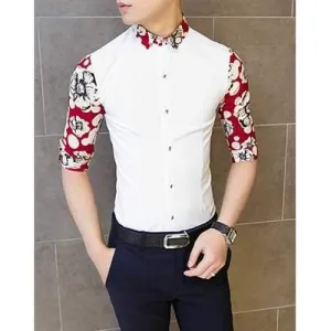 Stylish Shirt Collar Slimming Polka Dot Flower Print Splicing 3/4 Length Sleeve Men's Cotton Shirt - Red Xl