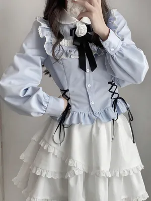 Sweet Lolita Blouses Light Sky Blue Long Sleeves Lace Up Bows Lolita Top Lolita Shirt