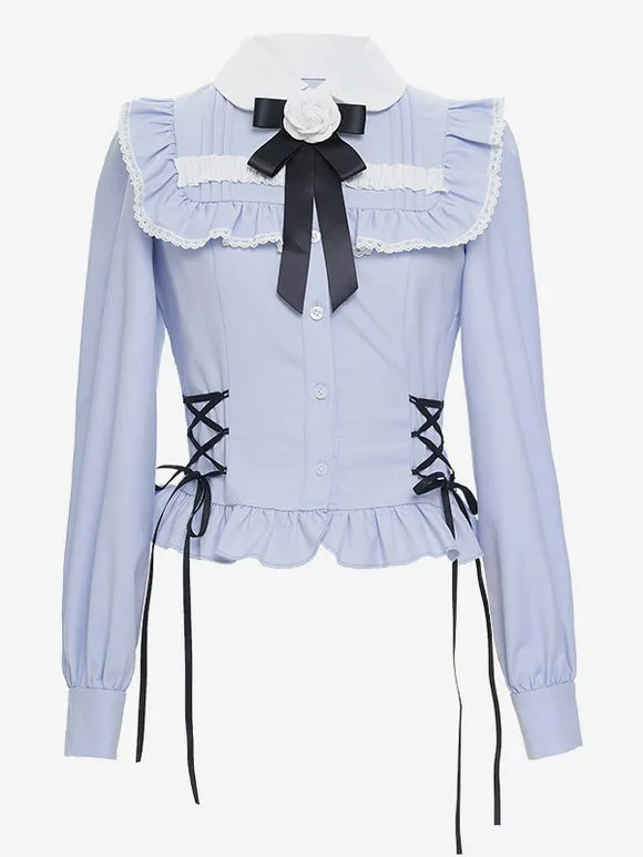 Sweet Lolita Blouses Light Sky Blue Long Sleeves Lace Up Bows Lolita Top Lolita Shirt