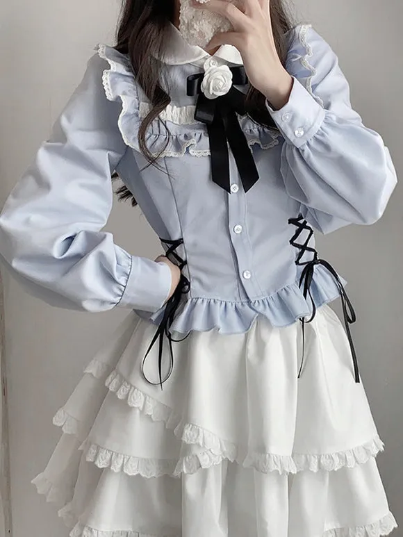 Sweet Lolita Blouses Light Sky Blue Long Sleeves Lace Up Bows Lolita Top Lolita Shirt